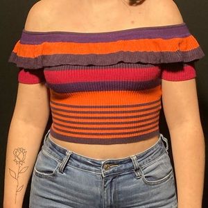 Knit off shoulder orange purple and pink top